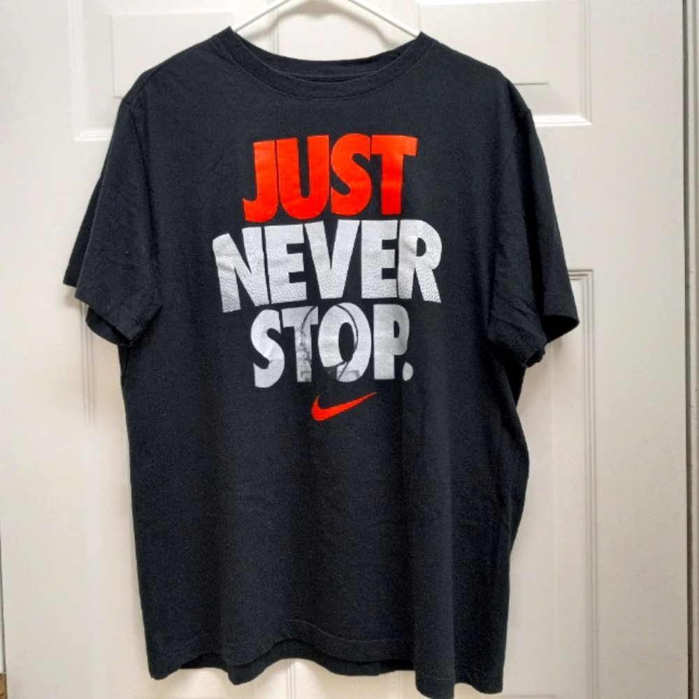 Nike Just Never Stop Shirt Black Large Swoosh Spellout Streetwear Basketball